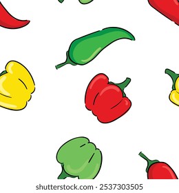 Padrão contínuo com vetor de vegetais de pimenta desenhado à mão