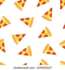 Seamless pattern of pepperoni pizza. Spicy pepperoni pizza modern vector background