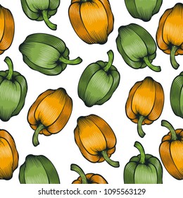 Seamless pattern with  pepper.Organic vegetable, pepper in engraved style. Detailed food drawing.