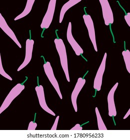 Seamless pattern of peppers abstract. Black background, pink chili peppers. The print is well suited for textiles.