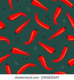 Patrón sin foco con pimientos. Resumen impreso con verduras, ají caliente, especias. Gráficos vectoriales.