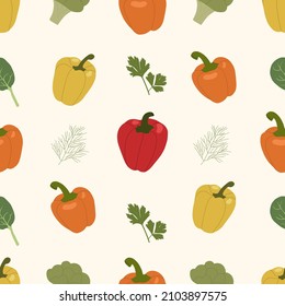 Patrón sin foco con pimientos, brócoli, espinacas, eneldo y perejil. Fondos y fondos de pantalla para invitaciones, tarjetas, tejidos, embalajes, textiles, carteles. Ilustración vectorial.