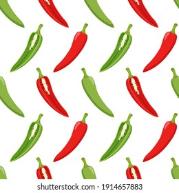 Seamless pattern with peppers, chile. Simple color pattern with vegetables. The elements in the flat style are isolated without a background. For the design of kitchen accessories and food packaging