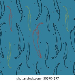 Seamless  pattern with peppers.
Colorful peppers on blue background .
