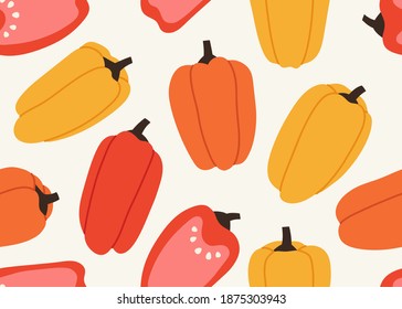 Seamless pattern of peppers and half of the pepper. Set of sweet pepper isolated on a beige background. Hand-drawn. Illustration of vegetables. Suitable for illustrating healthy eating, recipes, farm.