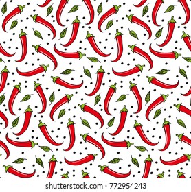 Seamless pattern of peppers with leaves and pepper balls made in vector