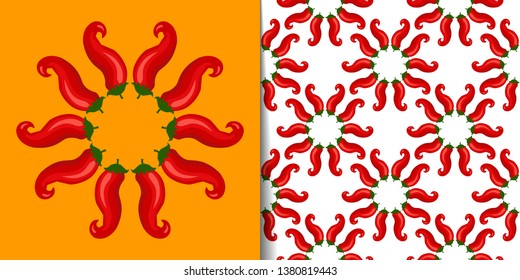 Seamless pattern with peppers. Vector template with mexican motifs for print, invitation, greeting card, banner, poster, flyer, textile, packaging.