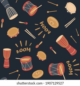Seamless pattern with percussion, drums, drums sticks, djembe, tambourine, maracas on dark background and lettering 'Boom'. Music Day. Vector musical instrument set. Doodle elements