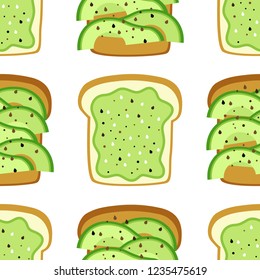 Seamless pattern with perfect avocado toast as bread with slices and sandwich with mixed avocado and sesame seeds
