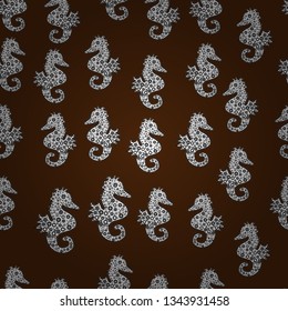 Seamless pattern. Perfect for surface textures, wallpapers, web page backgrounds, textile. Tigertail Seahorse cutout. Vector. Scribble, sketch, doodle. Seahorse on brown, white and black background.