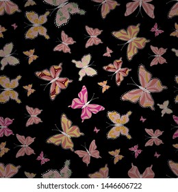 Seamless pattern. Perfect for web page backgrounds, wallpapers, textile, surface textures. Of watercolor butterflies on black, pink and white background. Vector illustration. Vector.