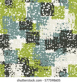 Seamless pattern. Perforated squares. City ruins. Disorderly patches. Chaos of colors. Fashion camouflage.