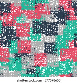 Seamless pattern. Perforated squares. City ruins. Disorderly patches. Chaos of colors. Fashion camouflage.