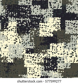 Seamless pattern. Perforated squares. City ruins. Disorderly patches. Chaos of colors. Fashion camouflage.