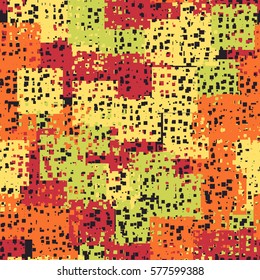 Seamless pattern. Perforated squares. City ruins. Disorderly patches. Chaos of colors. Fashion camouflage.