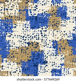 Seamless pattern. Perforated squares. City ruins. Disorderly patches. Chaos of colors. Fashion camouflage.