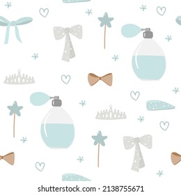 Seamless pattern with perfume bottle, crown, magic wand, hearts, flowers in cartoon style in blue color on white background for fabric, textile, nursery wallpaper