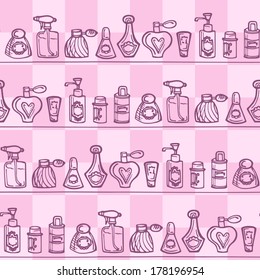 Seamless pattern with perfume bottles. Background with cosmetic products and pink tile. Handcrafted vector illustration. 