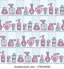 Seamless pattern with perfume bottles. Background with cosmetic products and tile. Handcrafted colorful vector illustration. 