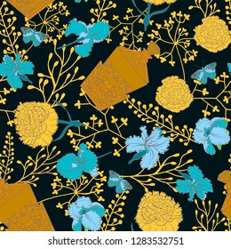 Seamless pattern with perfume bottles and carnation flowers. Colorful vector illustration. Print for home textile and clothes