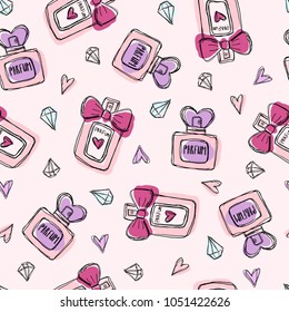 Seamless pattern with perfume bottles crystals and hearts. Colorful hand drawn illustration. Pink background. For textile, wallpaper, fabric etc.