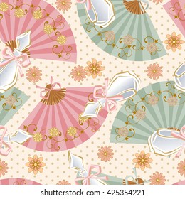 Seamless pattern with perfume bottles, fans and flowers. Background with trendy retro accessories on a background of polka dots.