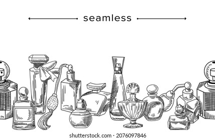 Seamless Pattern with Perfume Bottles, Fragrance in Vials with Pumps and Bungs. Doodle Aroma Products, Cosmetics Scents, Hand Drawn Border with Perfumery Sketch Flasks. Linear Vector Illustration