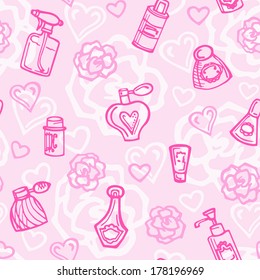 Seamless pattern with perfume bottles. Pink background with cosmetic products. Handcrafted vector illustration. 