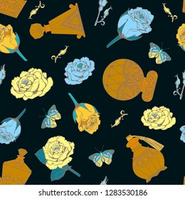 Seamless pattern with perfume bottles and rose flowers. Colorful vector illustration. Print for home textile and woman clothes