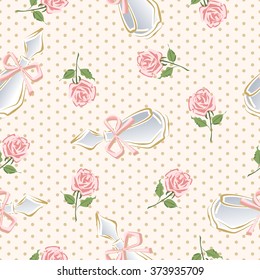 Seamless pattern with perfume bottles and roses. Vector glamorous pattern of perfume bottles and roses.