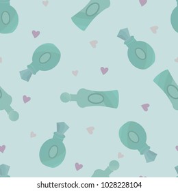 Seamless pattern with perfume bottles in turquoise colors. For decorating textiles, packaging. Vector illustration.