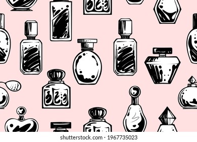 Seamless pattern of perfume bottles, vector, monochrome