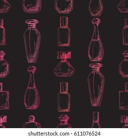 Seamless pattern with perfume bottles.  Vector illustration of a sketch style.