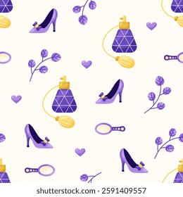 Seamless pattern with perfume and high heel shoes on beige background. March 8 Women's Day. Vector illustration.