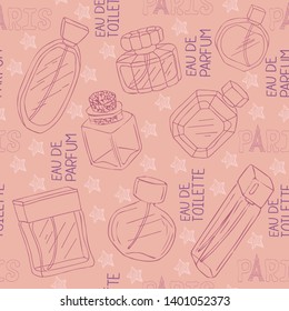 Seamless pattern with perfume and lettering phrase eau de parfum and eau de toilette.