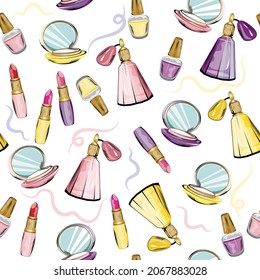 
Seamless pattern perfume powder lipstick cosmetics vintage. Vector illustration.