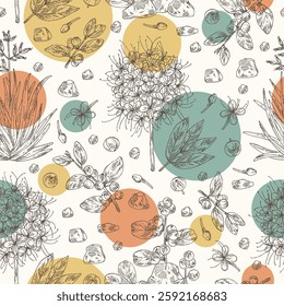 Seamless pattern with perfumery, cosmetic and medical plants: saraca asoca, guggul, zealand flax, flueggea suffruticosa. Vector hand drawn illustration.