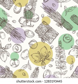 Seamless pattern with perfumery, cosmetics and medical plant: argan, sage, vetiver and amla. Vector hand drawn illustration