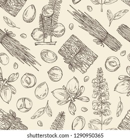 Seamless pattern with perfumery, cosmetics and medical plant: argan, sage, vetiver and amla. Vector hand drawn illustration