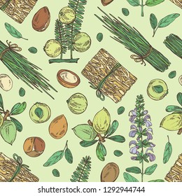 Seamless pattern with perfumery, cosmetics and medical plant: argan, sage, vetiver and amla. Vector hand drawn illustration