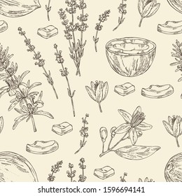 Seamless pattern  perfumery, cosmetics and medical plant: lavender flowers, neroli flowers, rosemary and coconut. Vector hand drawn illustration