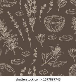 Seamless pattern  perfumery, cosmetics and medical plant: lavender flowers, neroli flowers, rosemary and coconut. Vector hand drawn illustration