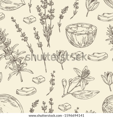 Seamless pattern  perfumery, cosmetics and medical plant: lavender flowers, neroli flowers, rosemary and coconut. Vector hand drawn illustration