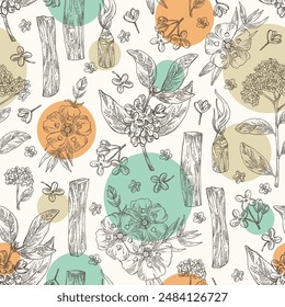 Seamless pattern with perfumery and medical plants: palo santo sticks, osmanthus, cistus ladanifer, heliotropium. Vector hand drawn illustration.