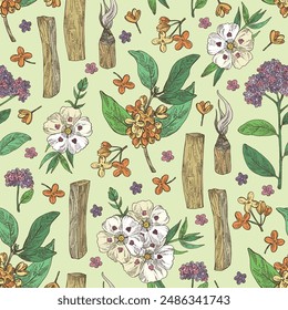 Seamless pattern with perfumery and medical plants: palo santo sticks, osmanthus, cistus ladanifer, heliotropium. Vector hand drawn illustration.