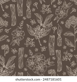 Seamless pattern with perfumery and medical plants: palo santo sticks, osmanthus, cistus ladanifer, heliotropium. Vector hand drawn illustration.