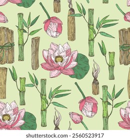 Seamless pattern with perfumery and medical plants: lotus flower, bamboo, palo santo sticks. Vector hand drawn illustration.