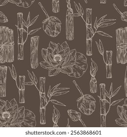 Seamless pattern with perfumery and medical plants: lotus flower, bamboo, palo santo sticks. Vector hand drawn illustration.