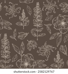 Seamless pattern with perfumery and medical plants: sage, magnolia grandiflora, patchouli, ylang ylang flower. Vector hand drawn illustration.