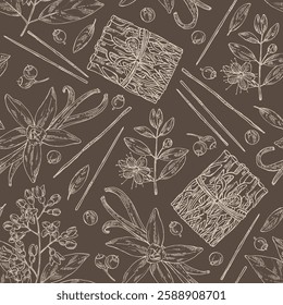 Seamless pattern with perfumery and medical plants: vetiver root, vanilla, sandalwood, myrtus. Vector hand drawn illustration.